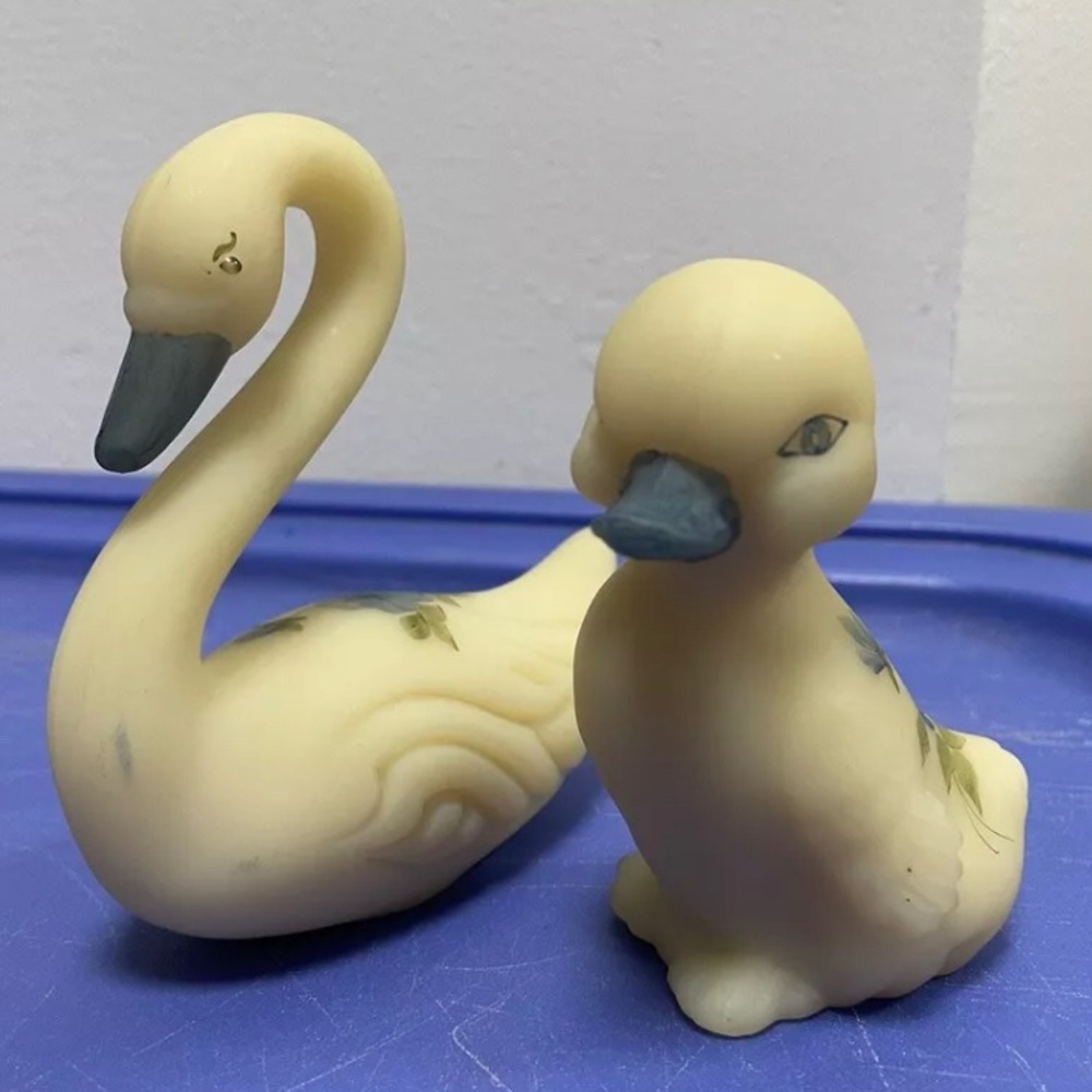 Set (2) Vintage Fenton Custard Glass Duck Hand Painted Blue Floral Artist Signed